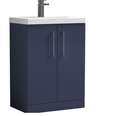 Balterley Bramshall Contemporary Bathroom Floor Standing 2-Door Vanity Unit & Basin, Midnight Blue, 600mm