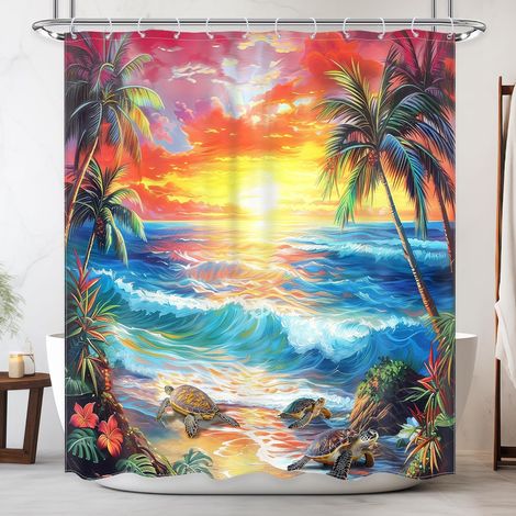 Rideau de douche océan 152,4 x 183 cm (l x L) Plage d'été Feuilles tropicales hawaïennes Rustique Rouge vif et jaune Tortues de mer Ensemble de salle de bain étanche Accessoires (1/5)