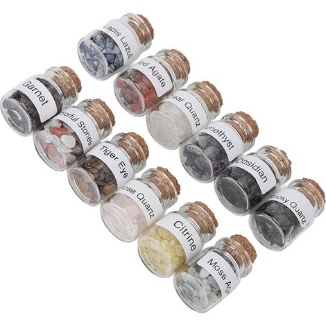12 flacons de pierres naturelles en cristal, lot de 12, pierres de guérison pour chakra, méditation Reiki, fioles à vœux décoratives. (1/5)