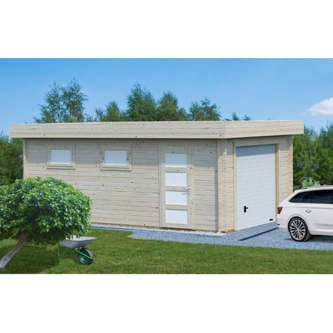 Garage en bois 19m² avec porte sectionnelle – Madriers 44mm – Pour abriter véhicule et matériel – Dimensions 360 × 550cm – Palmako (1/5)