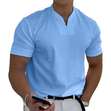 T-Shirt Fitness Homme - Col V Manches Courtes - Coton Respirant Avec Poitrine - Bleu Clair Taille XL