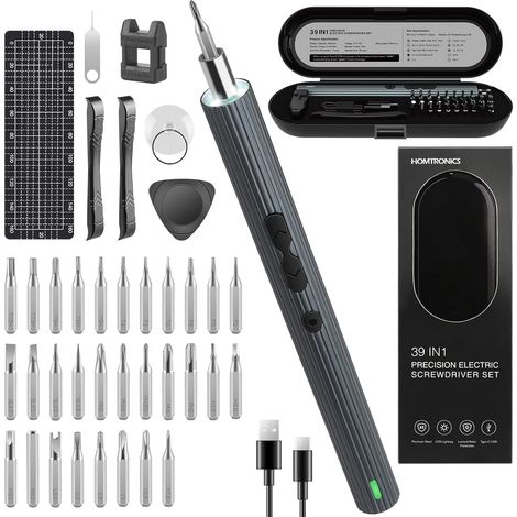 Mini destornillador eléctrico de precisión, [par de torsión de 0,45-0,65/4 N.M, inalámbrico], 39 en 1, recargable con USB, para relojes, gafas y drones. (1/5)