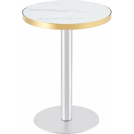 Mesa auxiliar redonda moderna 60 cm blanca efecto mármol con borde dorado y metal (1/5)