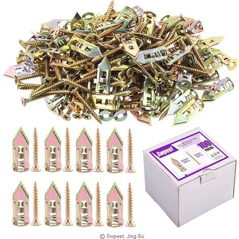 Lot de 200 chevilles auto-perceuses pour cloisons sèches avec kit de 100 vis, pas de perçage ou de trous dans le mur, parfait pour TV (1/5)