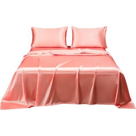 1 Parure de lit 4 pièces, satin doux, drap-housse poches profondes, taies d'oreiller, chambre Queen Size (1/5)