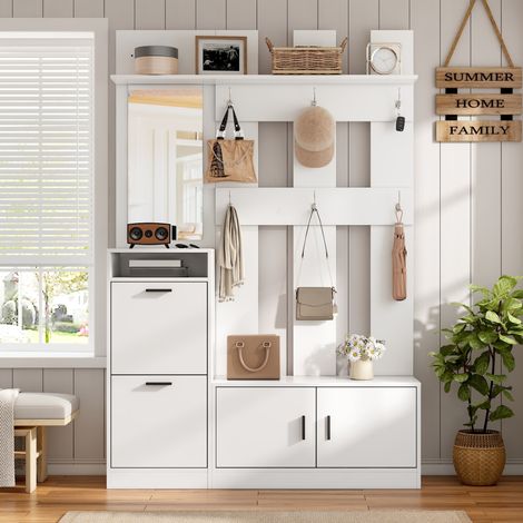 Schuhschrank mit Spiegel, Haken und Stauraum, 120 x 30 x 180 cm, weiß OKMYHOME (1/5)