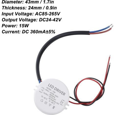 Wasserdichtes LED-Netzteil mit Konstantspannungstransformator, 360 mA, AC 85–265 V, DC 24–42 V, rund, 15 W