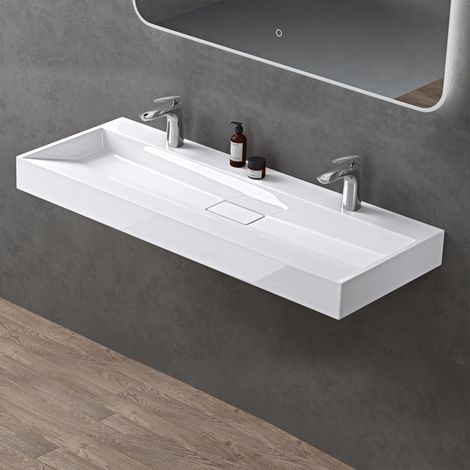 doporro Lavabo Suspendu avec Bonde Vasque à Poser Blanc Mat 120x46x11cm Lave Mains avec 2 Percages Rectangulaire Colossum19