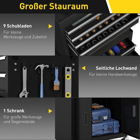 3-in-1 Multifunktions-Werkzeugkasten, Werkzeugschrank mit 4 Rollen, abschließbarer Werkzeugkasten mit 9 Schubladen, Stahl, Schwarz. (1/5)