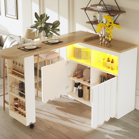 Table bar 135-205 x 39 x 100 cm blanche avec LED, roulettes et rangement (1/5)