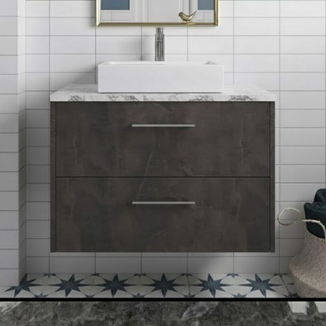 Hudson Reed Juno Matt Metallic Slate 800mm Wall Hung 2 Drawer Vanity Unit with Carrera Marble Worktop - JNU2626LCM (1/4)