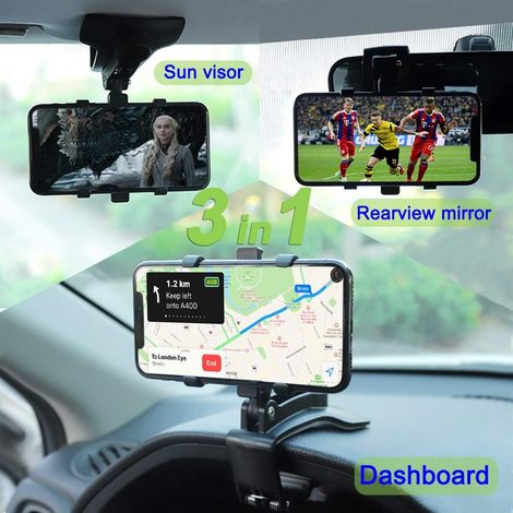 Support de téléphone de voiture, support de tableau de bord, rétroviseur, pare-soleil, support de voiture 3 en 1, support universel rotatif à 360° pour affichage tête haute, support de téléphone pour (1/5)