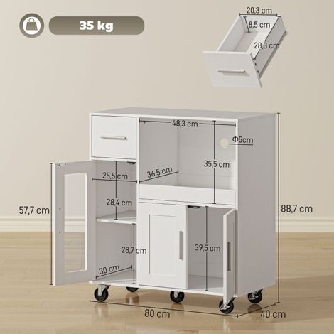 Meuble de rangement roulant pour cuisine, blanc, avec tablettes, tiroirs, étagère ajustable, passage de câbles, sur roues pivotantes (1/5)