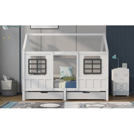 Lit cabane enfant blanc en bois massif 90x200 cm avec fenêtres latérales et 2 tiroirs (1/5)