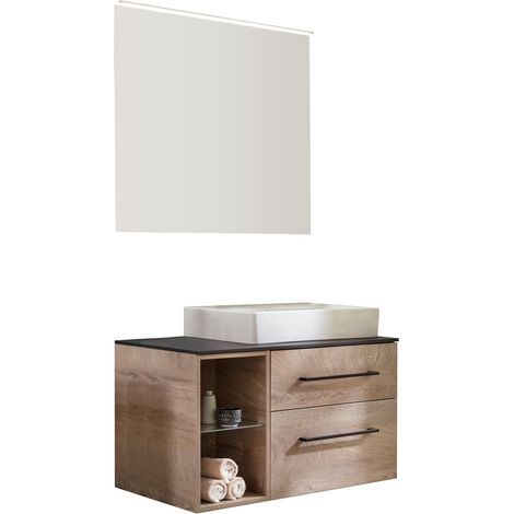 Fackelmann OXFORD Badmöbel Set 6 Teile / Keramik Waschbecken / Waschbeckenunterschrank und Badregal in Braun hell / Waschtischplatte Schwarz / Spiegel mit LED-Aufsatzleuchte / Breite ca. 90 cm"-"90014 (1/5)