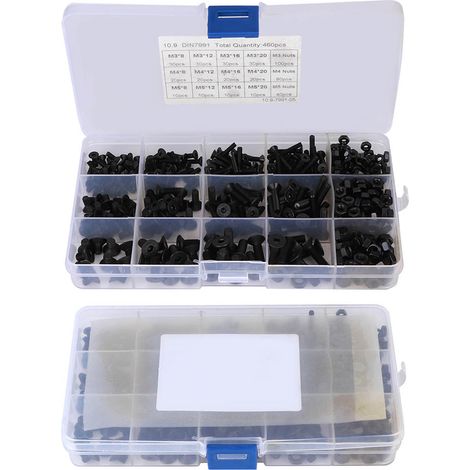 Coffret de 460 vis à six pans creux, tête plate, en acier au carbone, M3, M4 et M5. (1/5)