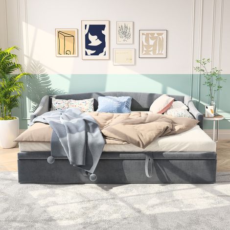 Canapé-lit convertible, canapé matelas pliant en velours avec cadre de forme fixe, canapé de sol pour salon chambre à coucher, 90/200cm, gris (1/5)