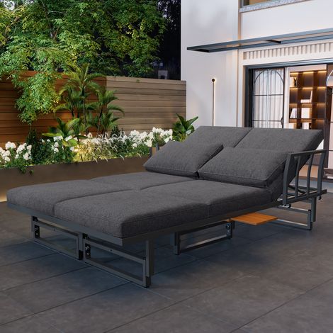 Salon de Jardin Modulable 6 Places - 2 Canapés 186x64x70-76 cm + Table Acacia Massif Réglable 110x60x45-62 cm - Coussins 8 cm - Structure Acier Galvanisé - Gris (1/5)