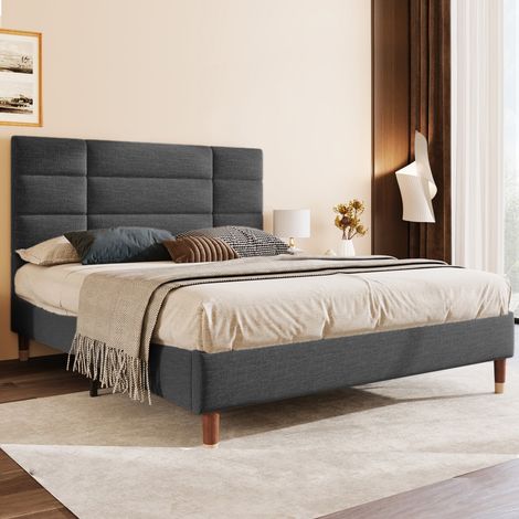Letto matrimoniale imbottito per adulti, con rete a doghe, 140 x 200 cm, tessuto di lino grigio scuro (1/5)