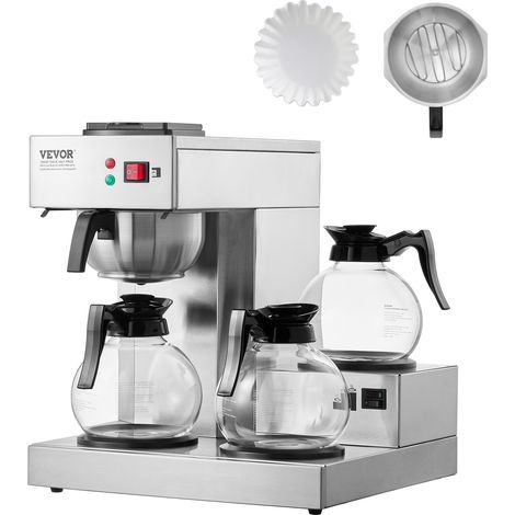 VEVOR Macchina da Caffe  Commerciale 3 Piastra Scaldavivande, Macchina da Caffe 3 Caraffe in Vetro Accessori Inclusi, Caffettiera a Filtro Commerciale in Acciaio Inox per Ristorante, Ufficio, Bar