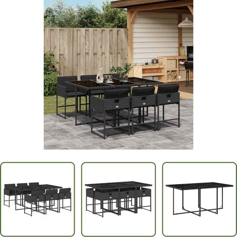 Gartentisch - 7-tlg. Garten-Essgruppe mit Kissen Schwarz Poly Rattan (1/5)