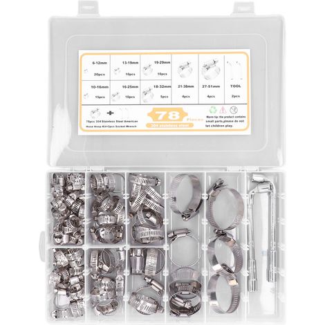 Kit de 78 colliers de serrage pour tuyaux et tubes, 6 à 51 mm, 8 types différents, en acier inoxydable. (1/5)