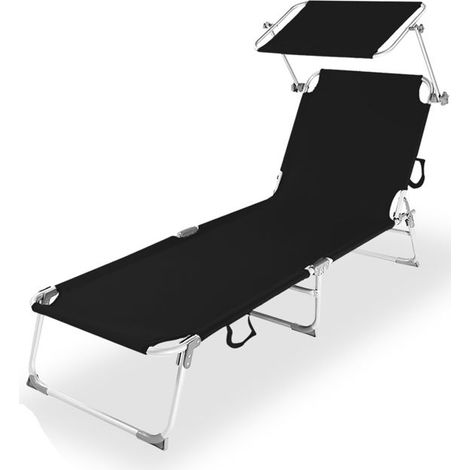 Chaise longue pliante - JUANIO - Transat Bain de soleil - Noir - Pare-soleil réglable - Aluminium antirouille (1/5)