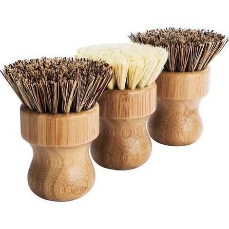 Lavage à la vaisselle en bois brosse à la fibre de noix de coco 3 pièces ensemble de poils doux et dur (1/5)
