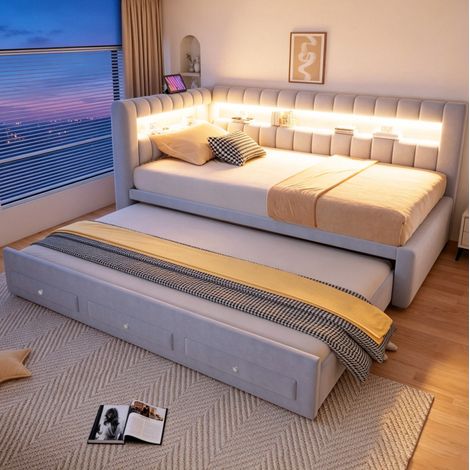 Sofá cama 90/190 cm gris claro de terciopelo con cama extraíble, LED y puertos USB/Type-C (1/5)