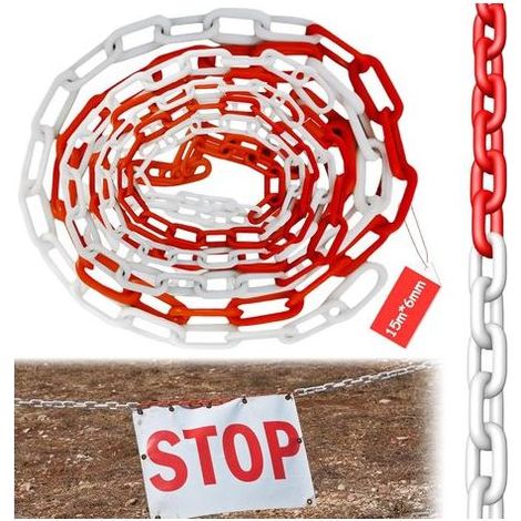 Chaîne de signalisation, plastique, rouge, blanche, 15 m x 6 mm, pour la signalisation de sécurité, les parkings, les chantiers et le marquage au sol. (1/5)