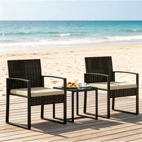 Salotto da giardino bistrot 2 posti, 1 tavolo e 2 sedie con cuscini, rattan intrecciato DESVIAE (1/5)