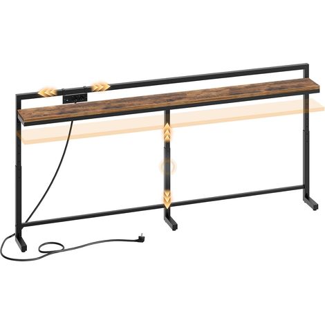 200 cm Console Étroite, Hauteur Réglable 70-90 cm, Table de Canapé, Multiprise Coulissante (2 AC, 1 USB-A, 1 Type-C), Câble 2 m, pour Entrée, Couloir, Salon, Chambre, Marron Rustique et Noir
