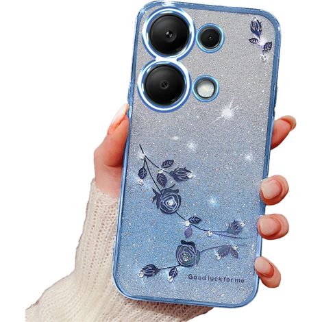 Custodia per Xiaomi Redmi Note 13 Pro 4G / Poco M6 Pro 4G, Fiore glitterato, Blu (1/2)