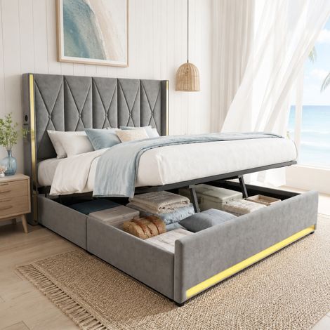 Lit coffre 180x200 cm velours gris avec rangement et USB, gain de place, sans matelas – MEUBLIV (1/5)