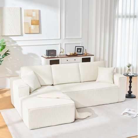 Divano angolare modulare in velluto a coste (panno) beige con chaise longue e 2 cuscini (1/5)