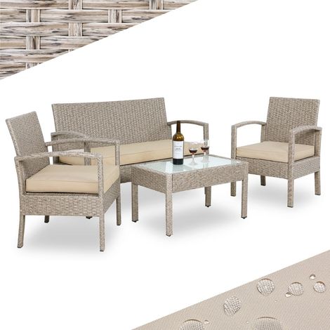 CASARIA® 7pc Weatherproof Polyrattan Garden Furniture Set  Suitable for up to 4 People  Outdoor Patio Seating Group with 2 Armchairs, Bench, 3 Cushions, & Frosted Glass Top Table  Cream