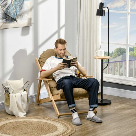 Fauteuil Chaise de Salon Pliable et inclinable en Bois Fauteuil Relax Confortable avec Coussin capitonné épais - 71 x 89 x 96 cm marron
