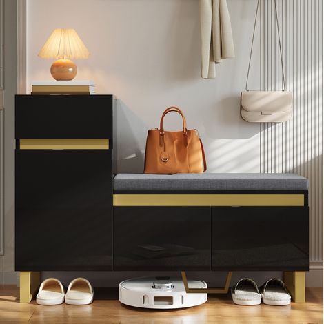 Schuhschrank aus MDF in Schwarz 120x35x85 cm mit Sitzkissen, 1 Schublade, 2 Türen und offenem Fach (1/5)