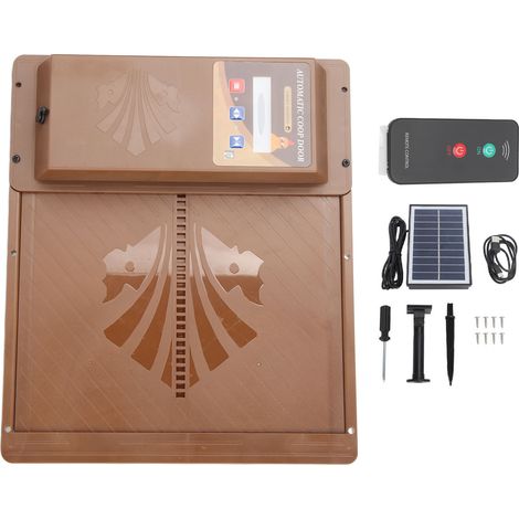 Porte automatique pour poulailler solaire USB ouverture horizontale 3-en-1 avec minuterie, capteur de lumière et télécommande, marron (1/5)