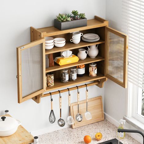 Meuble mural deux portes vitrées rétro 63 cm, trois niveaux de rangement et barre à serviettes, pour salle de bain, cuisine et salle à manger, bois naturel (1/4)