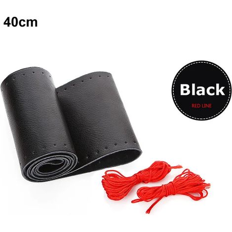 Housse de volant en cuir de vachette véritable tressé avec aiguilles (noir et rouge, 40 cm) - Accessoire de style intérieur pour voiture (1/5)