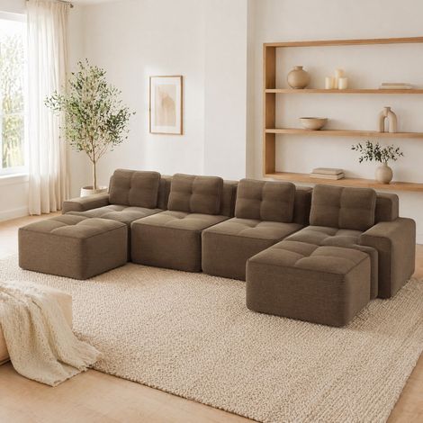 Divano modulare in ciniglia marrone effetto corduroy con chaise longue a U, 4 posti, senza montaggio (1/5)