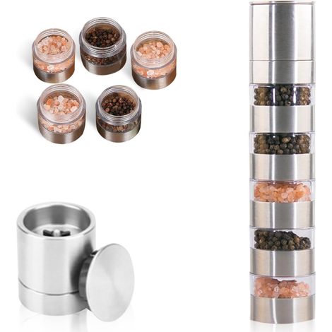 Set D'épices de Voyage 5 en 1, Pots à Epices Empilables en Acier Inoxydable Mini Pots à Épices avec Moulin à Épices Pots à Épices pour Cuisine de Voyage et de Camping (1/5)