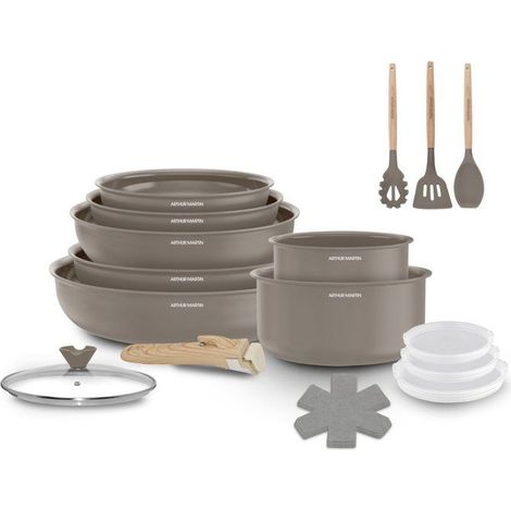 Batería de cocina Arthur Martin AM7887 18 piezas mango desmontable efecto madera topo antiadherente inducción (1/5)