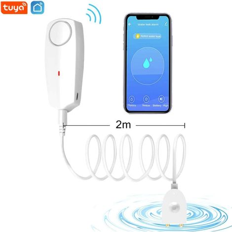WLAN-Wassersensor, 80 dB Alarm, intelligenter Wasserleckdetektor, Tuya-App, Fernüberwachung von Leckagen, 2 m Detektionsleitung, für Warmwasserbereiter, Keller, Abwasserpumpen