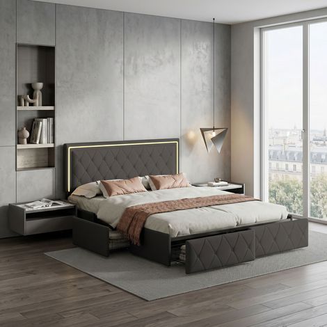 Lit double capitonné 160 x 200 cm avec Sommier LED, Lit Coffre 160x200 avec 4 Tiroirs et Tête de lit réglable en hauteur, Lit Rembourré Lit 2 Personnes, PU - Gris (1/5)
