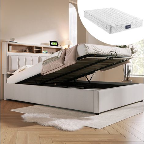 lit adulte double rangement 140x200 matelas USB lin OKMYHOME (1/5)
