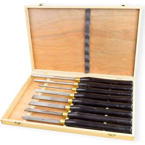 Dema – Coffret de 8 ciseaux à bois HSS – Longueur de lame 160-255 mm – Manche extra long pour sécurité – Coffret en bois de transport