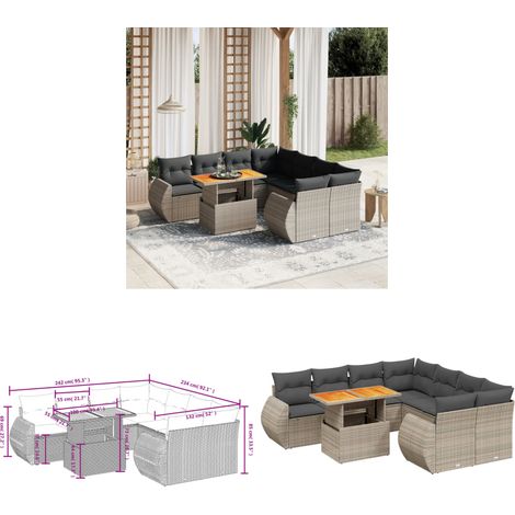 Salon de jardin 9 pcs avec coussins gris résine tressée - Ensemble Salon De Jardin - Meuble Extérieur - Résine Tressée - Rotin Synthétique - Table Extensible - Home & Living (1/3)