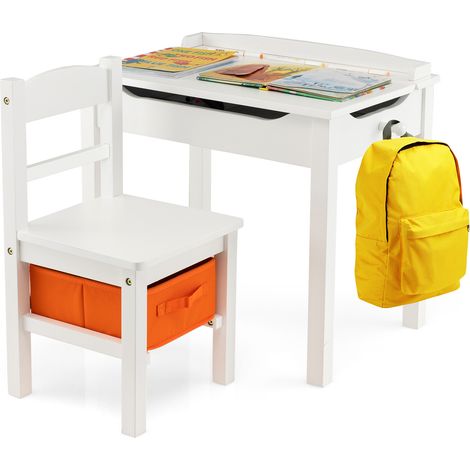 Flip-Top Wood Kids Activity Table and Chair Set with Hidden Storage Space-White (1/5)